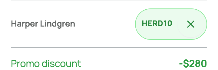 Cart with HERD10 applied and the promo discount shown in the order summary