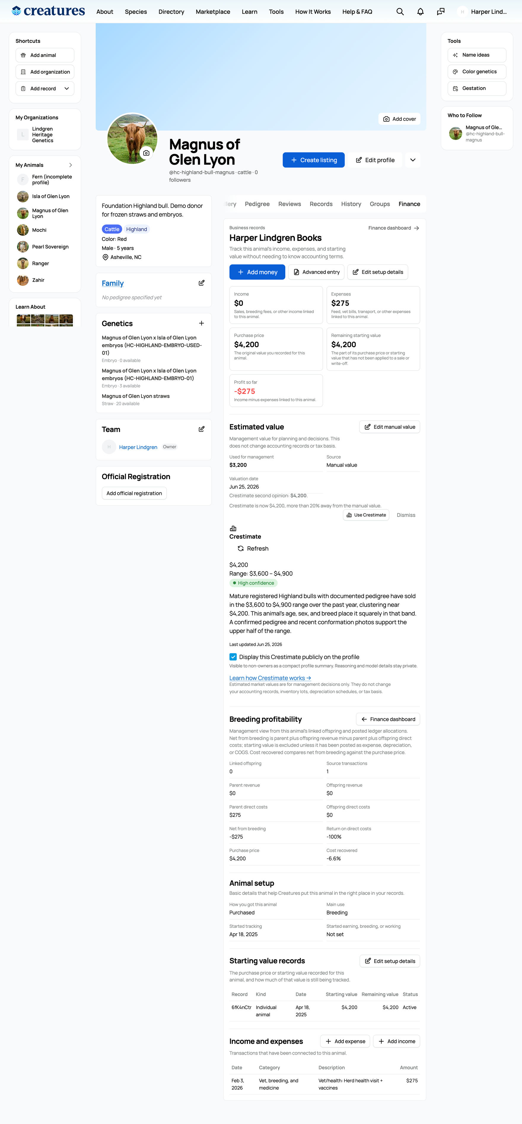 An animal's finance tab