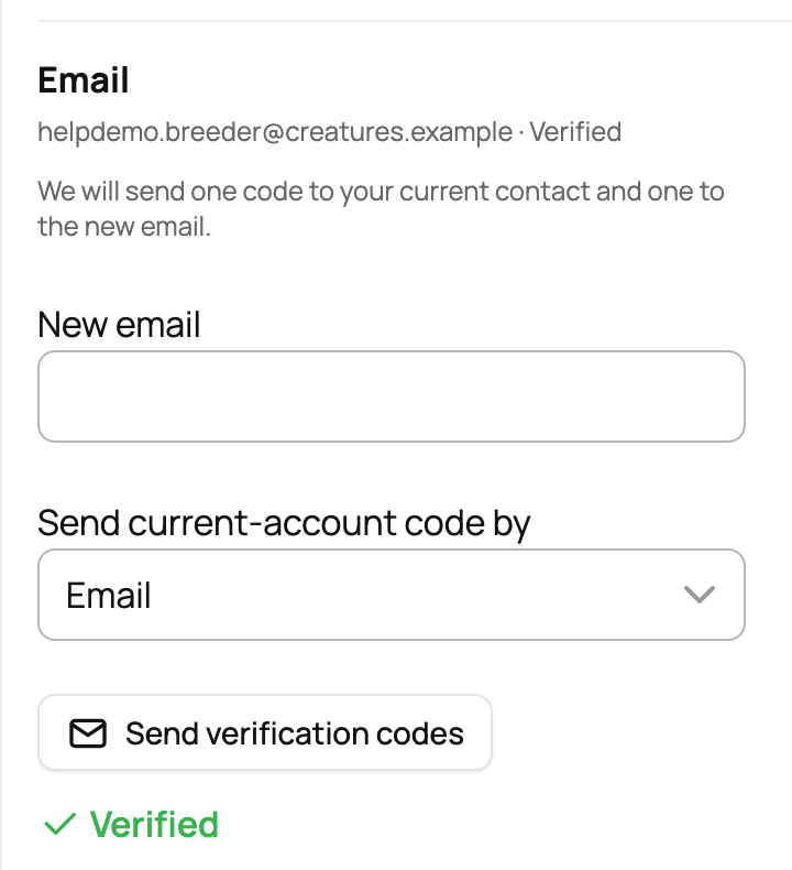 Email settings with New email, code delivery, Send verification codes, and Verified status