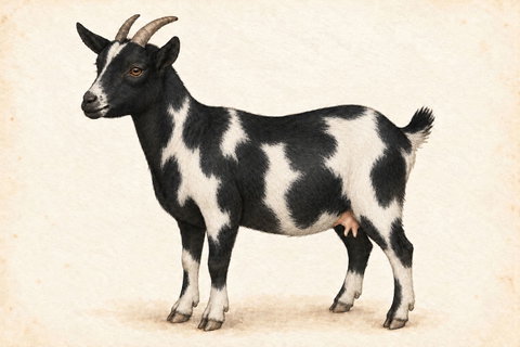 Illustration of a Nigerian Dwarf doe: black base with moderate irregular white patches on the face, body and legs.
