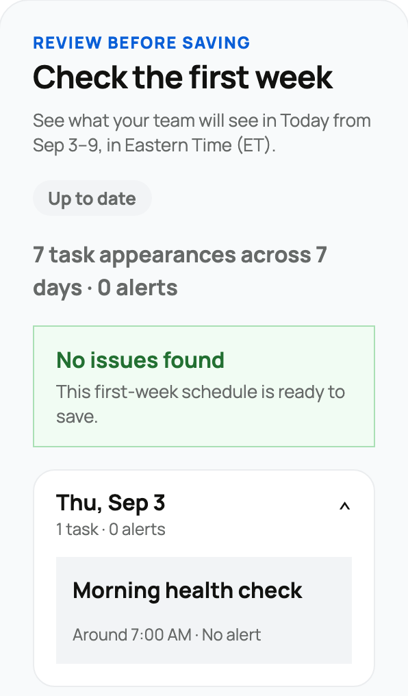 The first-week preview before saving a care plan