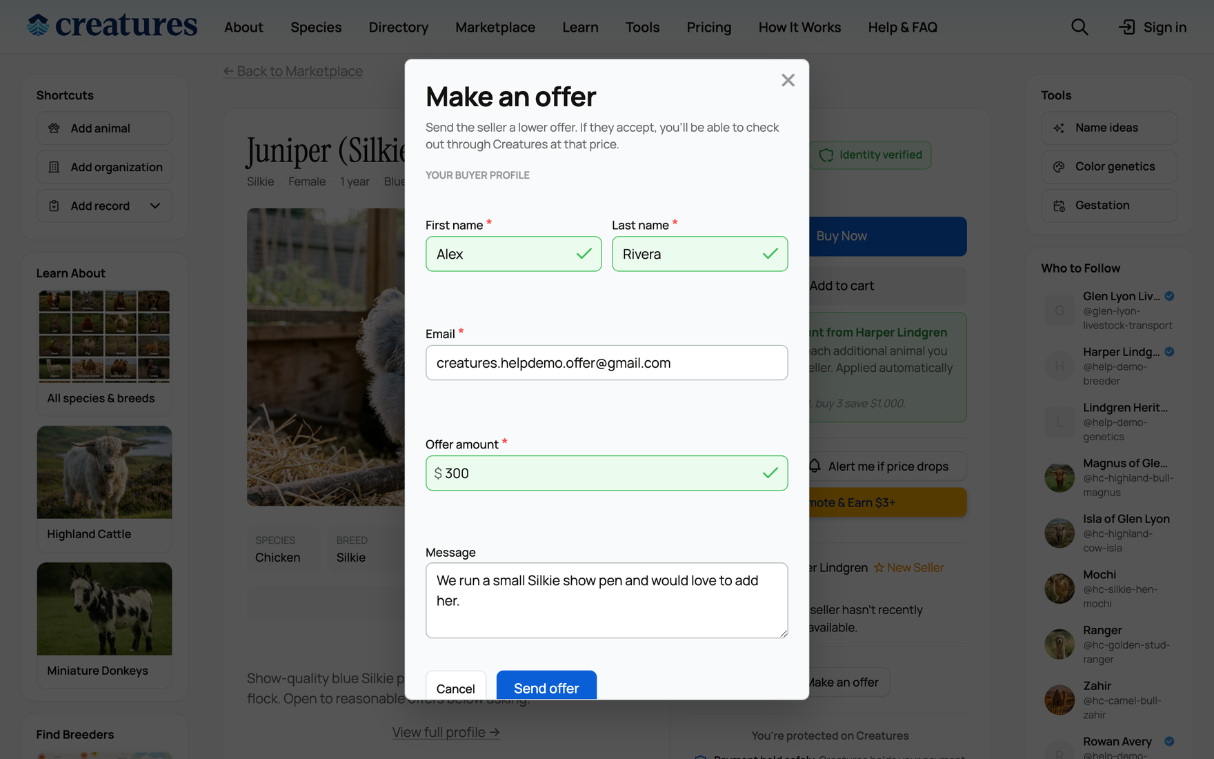 The make-an-offer form, with buyer-profile fields for a guest