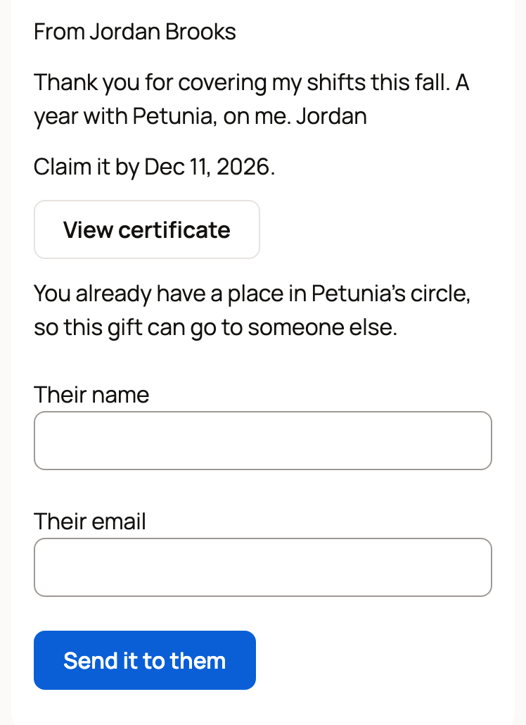Message that Megan already has a place in Petunia's circle, with Their name, Their email and Send it to them
