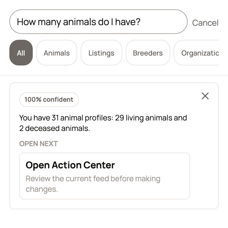 Ask Creatures answer showing an animal count and an Open next link
