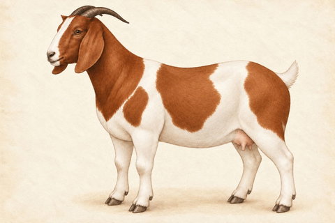 Illustration of a Boer doe: red head and large irregular red patches over a white body, long pendulous ears, Roman nose and natural horns.