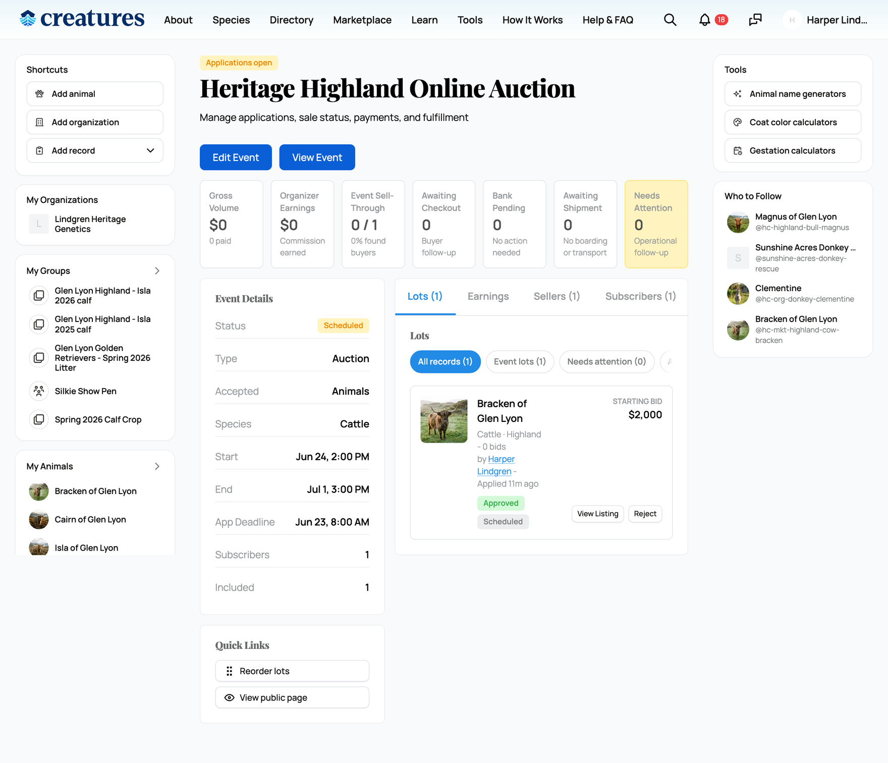 The event management dashboard: applications, lots, earnings, and fulfillment