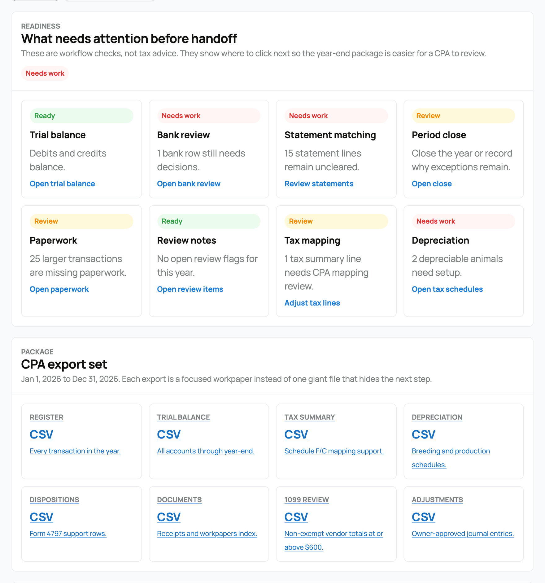 Year-end readiness and CPA export set with focused files for the selected year