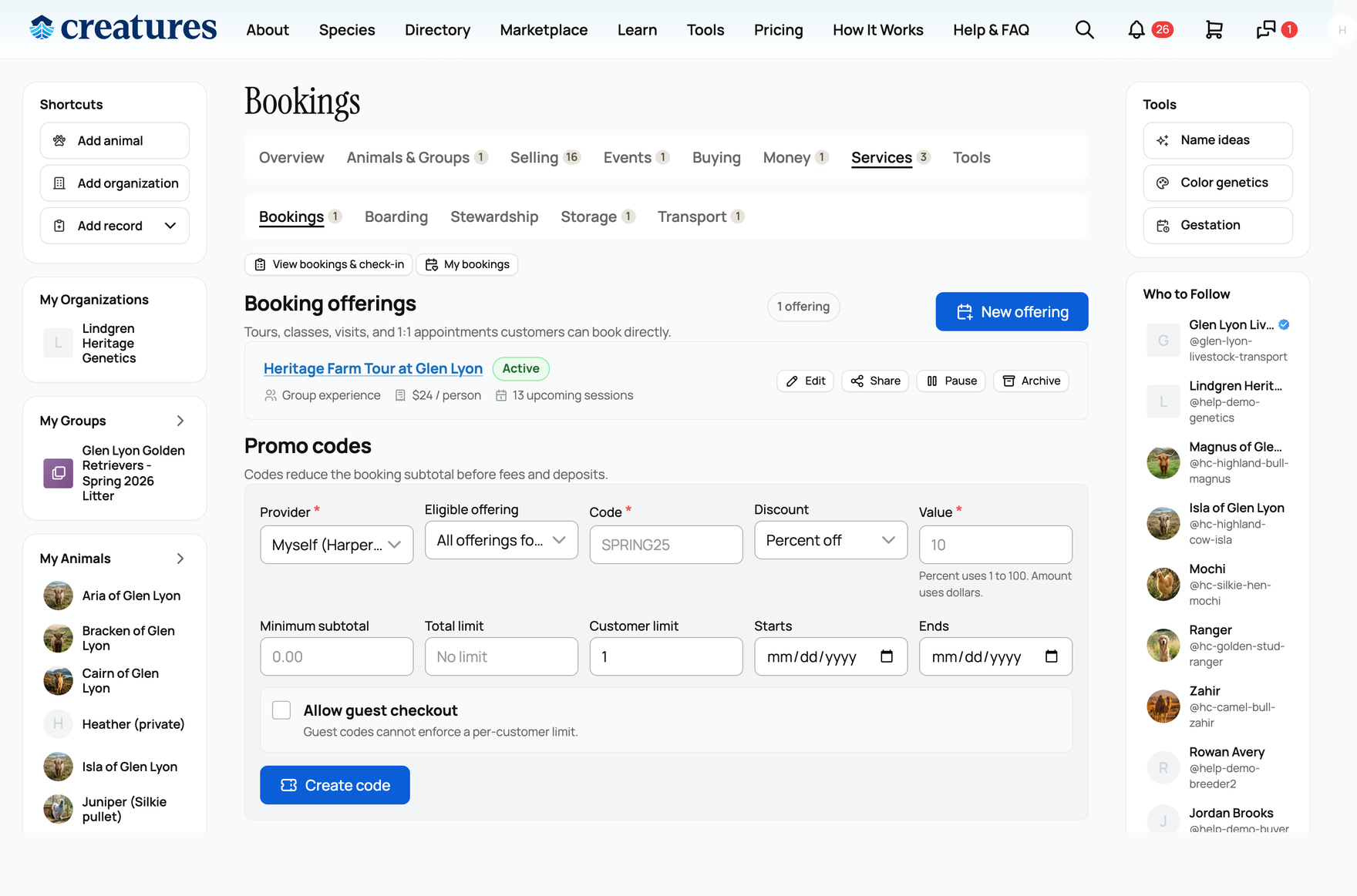 Your booking dashboard: offerings and promo codes
