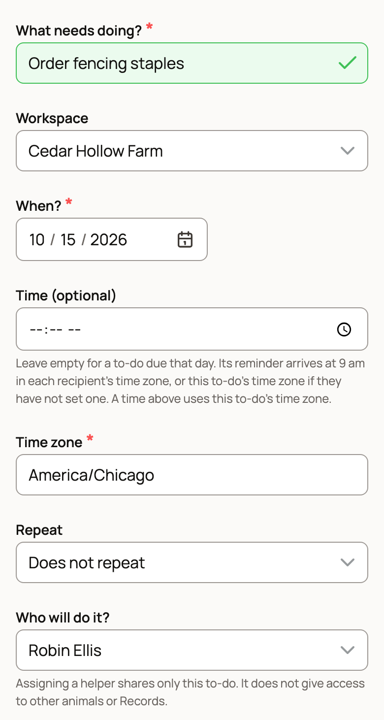 Add to-do for Cedar Hollow Farm, due tomorrow and assigned to Robin Ellis