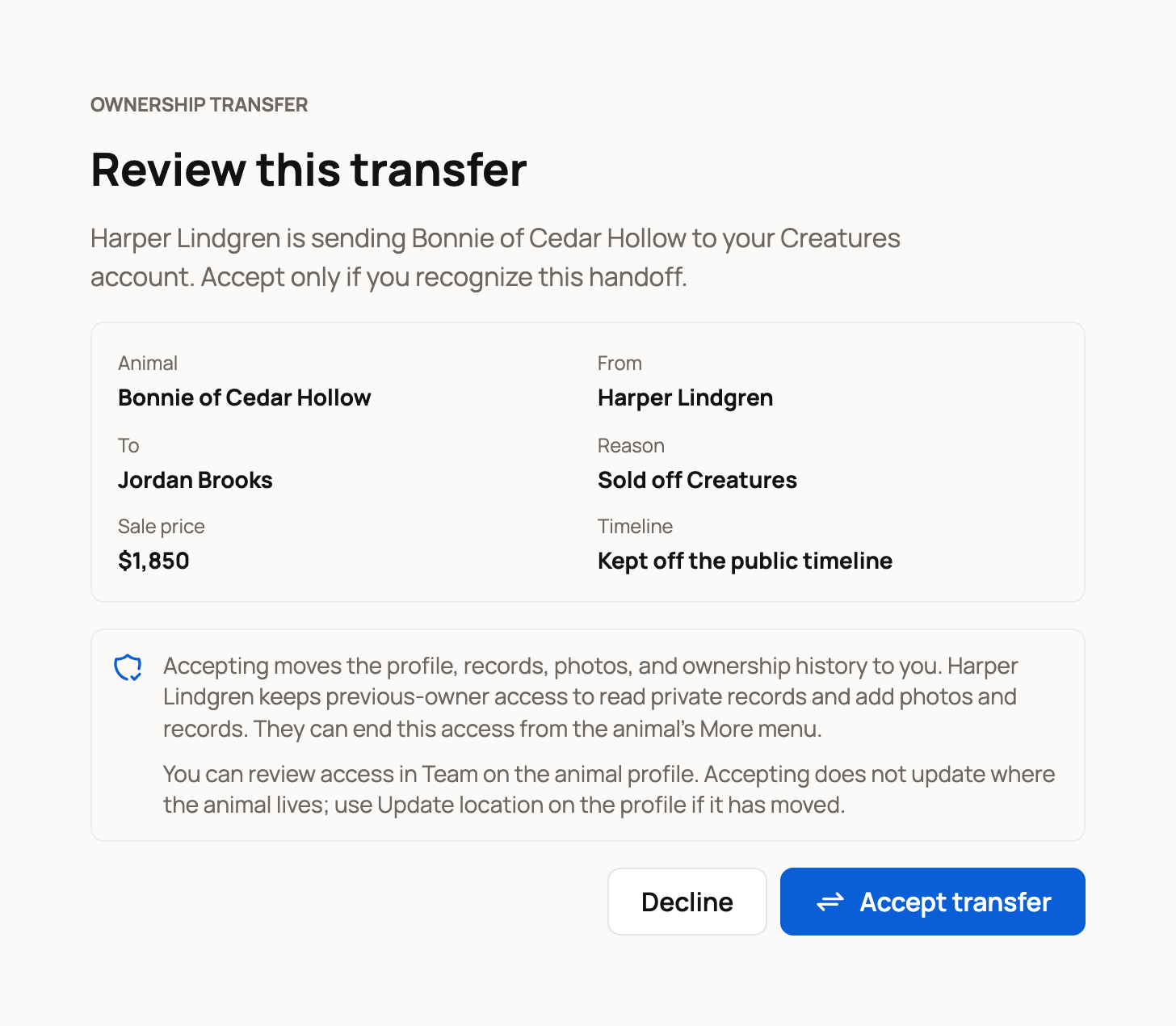 Review this transfer with the transfer details, Decline and Accept transfer