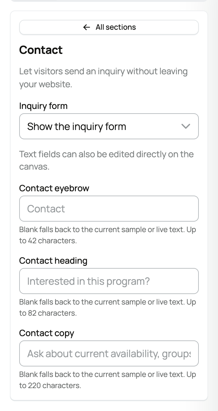 The contact section's settings panel: the Inquiry form choice between showing the form and showing only the contact button