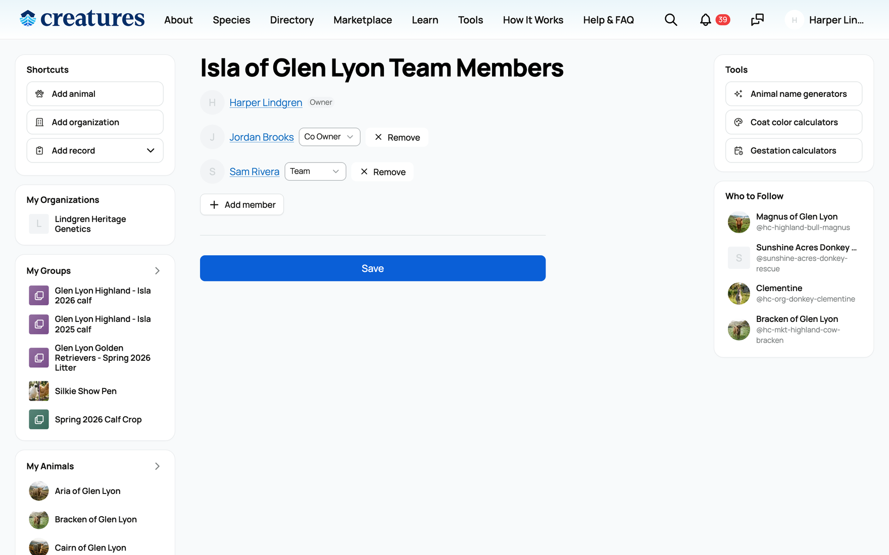 The team members sheet for an animal