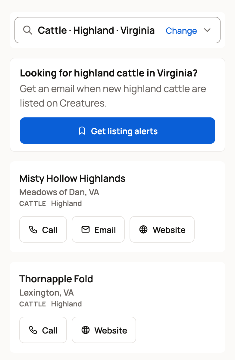 Highland cattle breeders in Virginia under the Change search row, with Call, Email and Website buttons