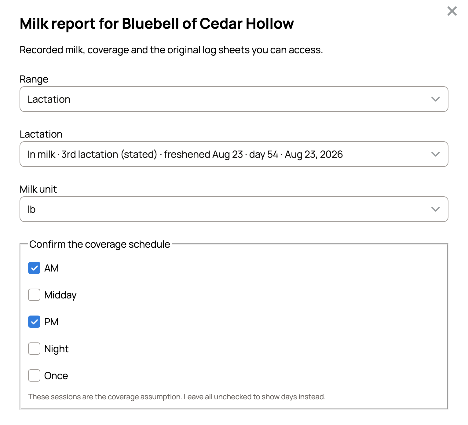 Milk report options for one doe with Range set to Lactation, Milk unit, and Confirm the coverage schedule with AM and PM ticked