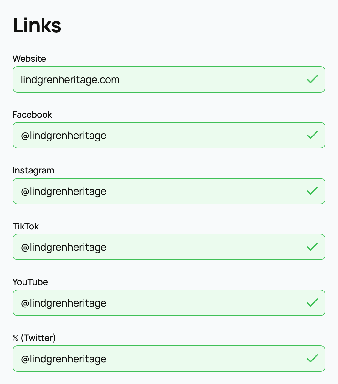 Website and social profile fields in the Links section
