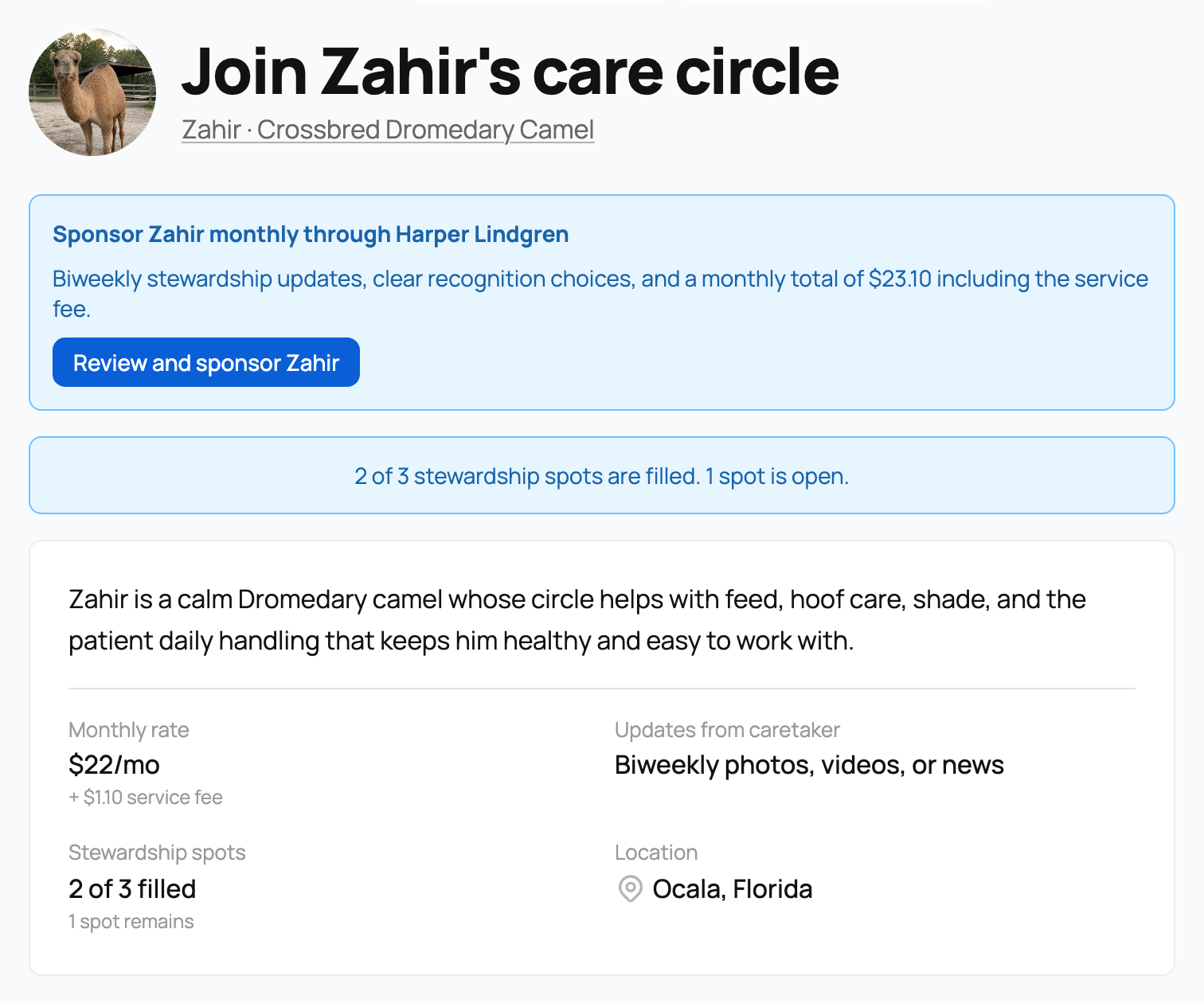 The price, update promise, open spots, and location on an offering