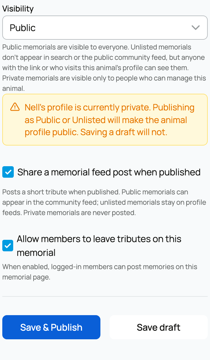 Memorial publishing controls for visibility, feed sharing, tributes, Save & Publish, and Save draft