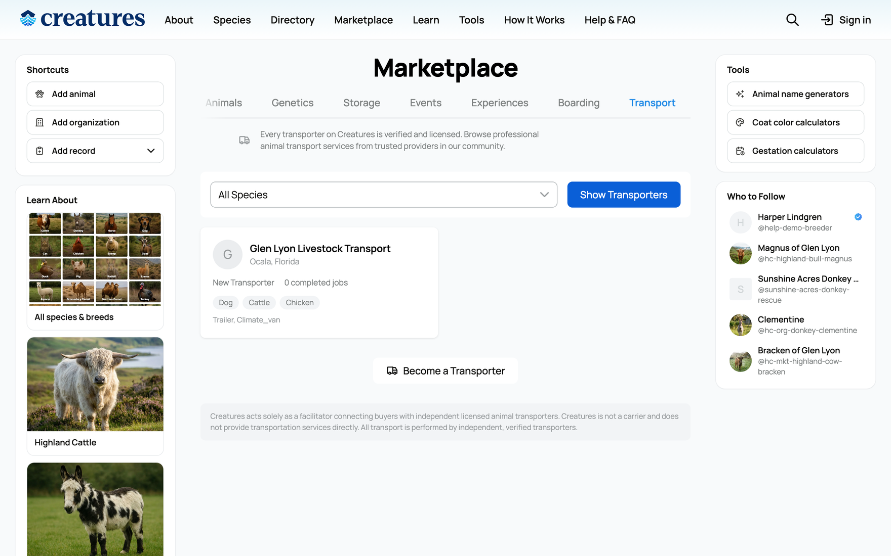 Browsing transporters on the marketplace