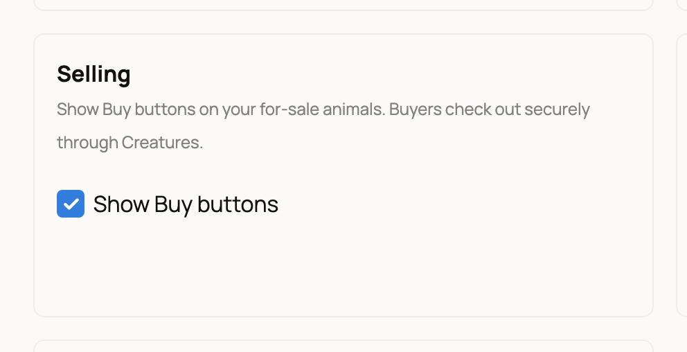Selling setting in website Settings with Show Buy buttons turned on