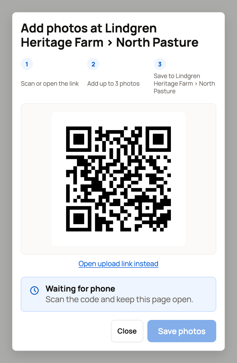 Add photos dialog with a QR code and three steps for North Pasture