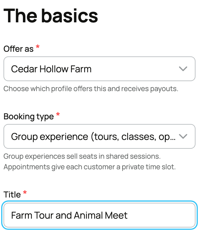 New offering basics with the provider, booking type, and title