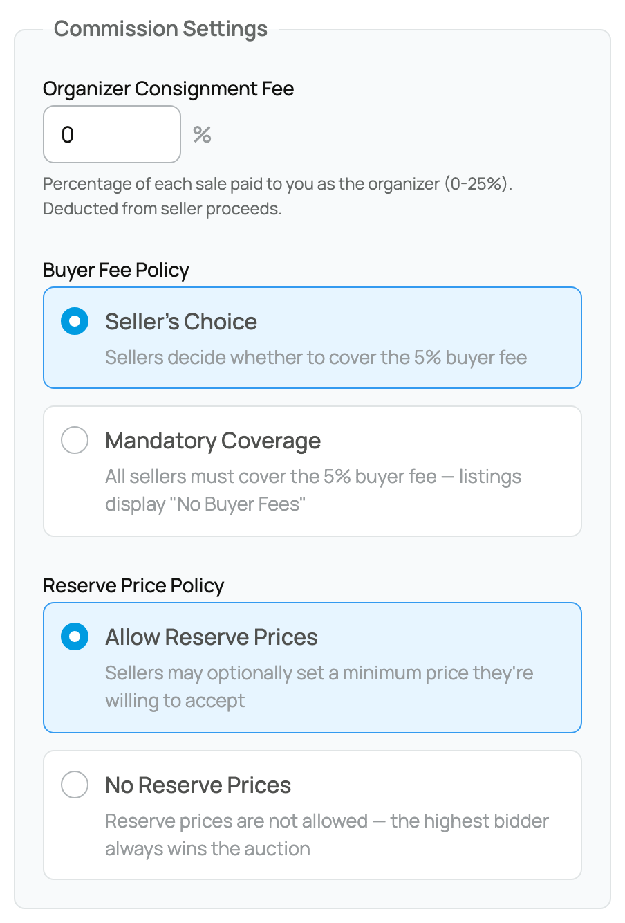 Sale-event setup showing seller fees and buyer-fee policy