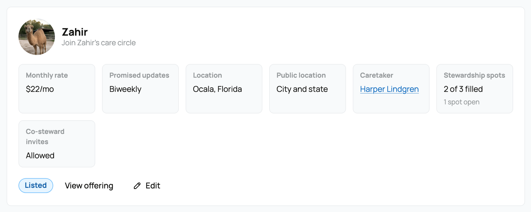 Zahir's listed offering with View offering, Edit, and two of three spots filled