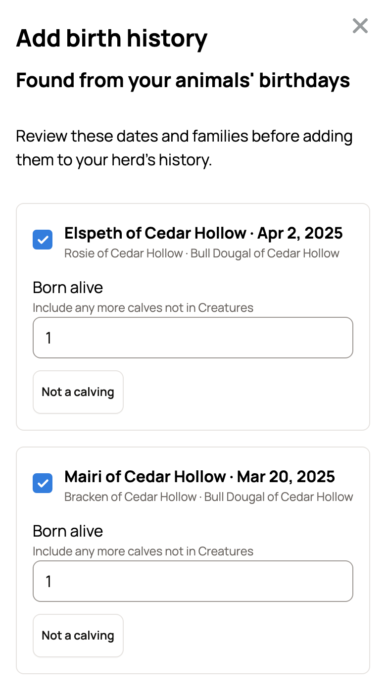 Found from your animals' birthdays with Elspeth of Cedar Hollow on Apr 2, 2025 and Mairi of Cedar Hollow on Mar 20, 2025, both ticked