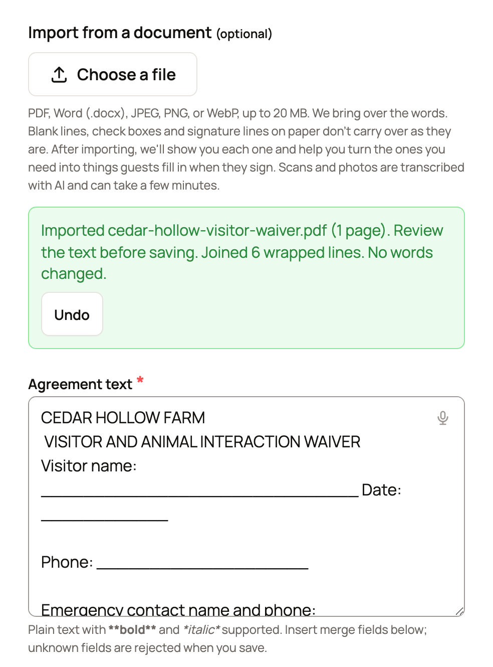 Import from a document with the Cedar Hollow visitor waiver PDF imported and its text in the editor