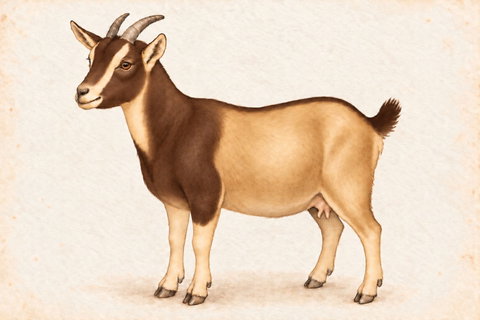 Illustration of a chocolate buckskin Swiss Nigerian Dwarf doe: brown head/neck/shoulder cape, narrow dorsal and tail top; cream Swiss face trim, tan body and belly, all four lower legs pale.