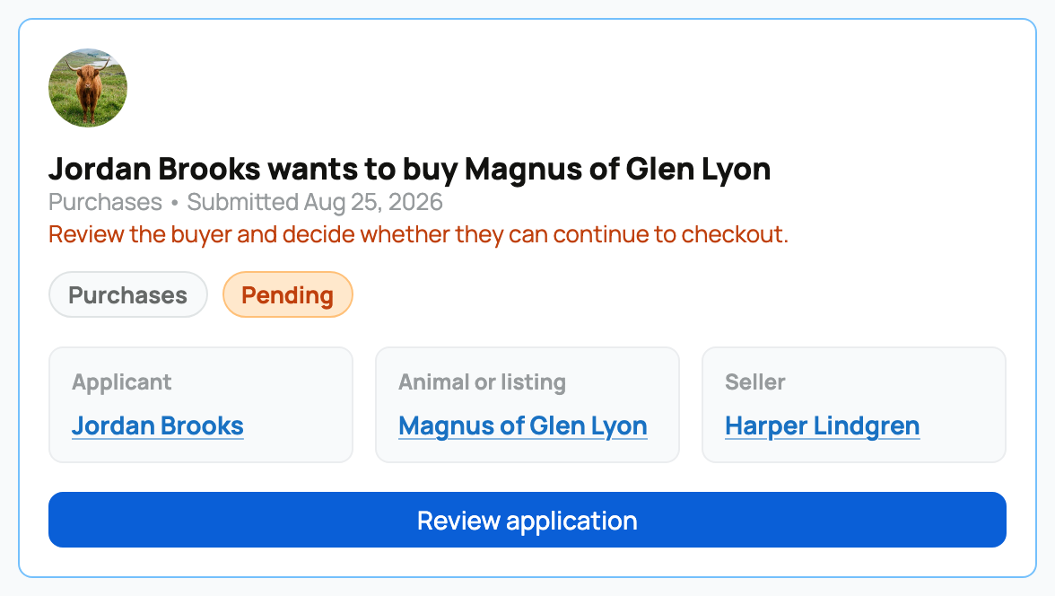 Pending buyer application in the shared Applications inbox
