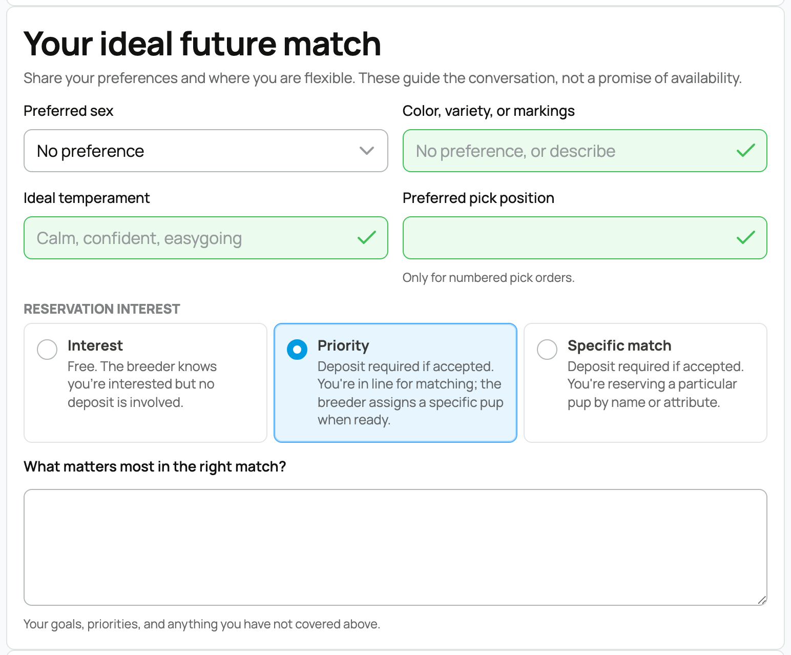 Interest, Priority, and Specific match choices