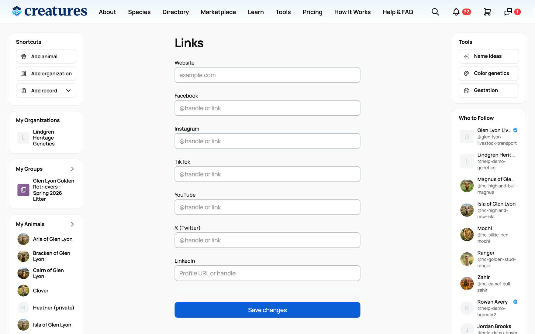 The Links section of the edit profile form