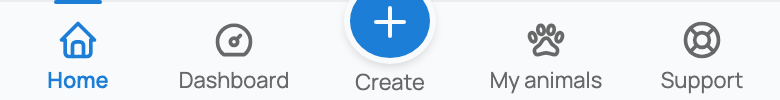 Phone navigation with Home, Dashboard, Create, My animals, and Support