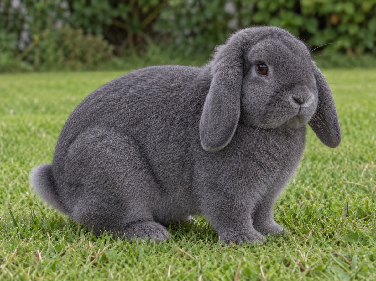 Blue Holland Lop on a plain domestic garden lawn.