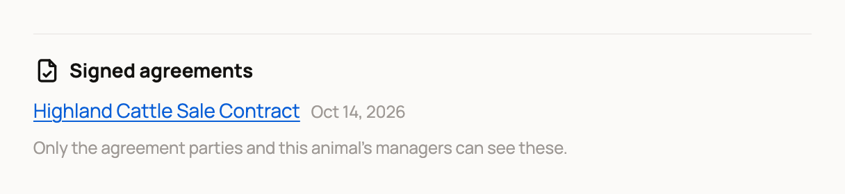 Signed agreements on an animal's History tab with one sale contract and a note about who can see it