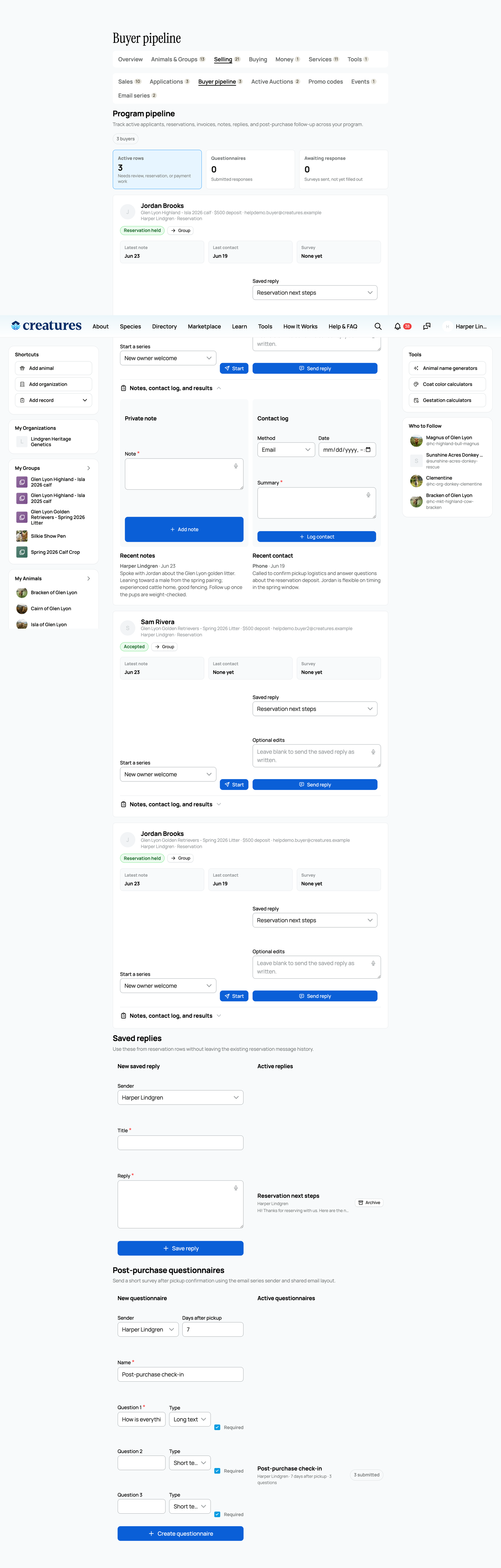 Open a lead to add a note, log a contact, and view questionnaire results