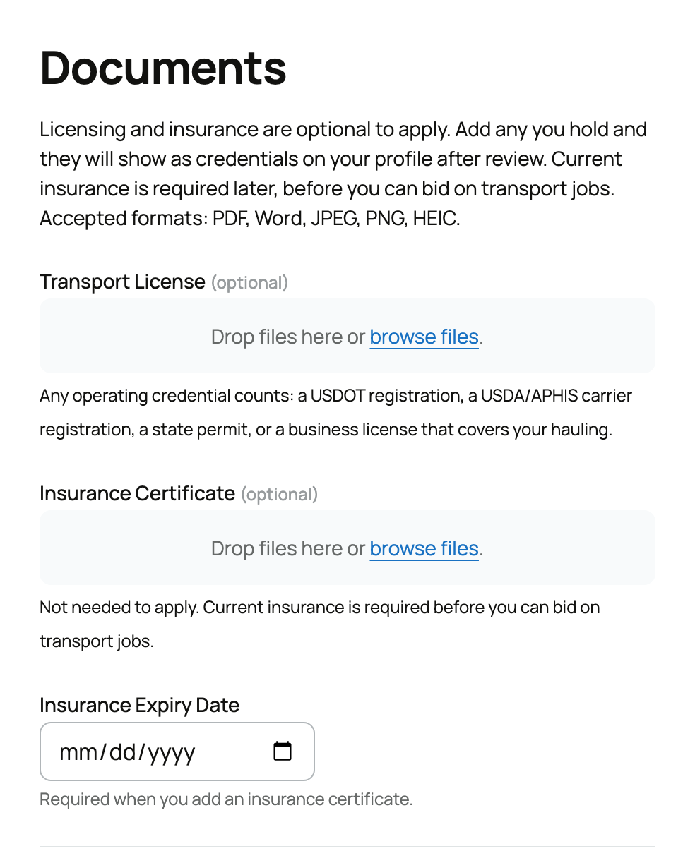 The optional license and insurance fields in the transporter application