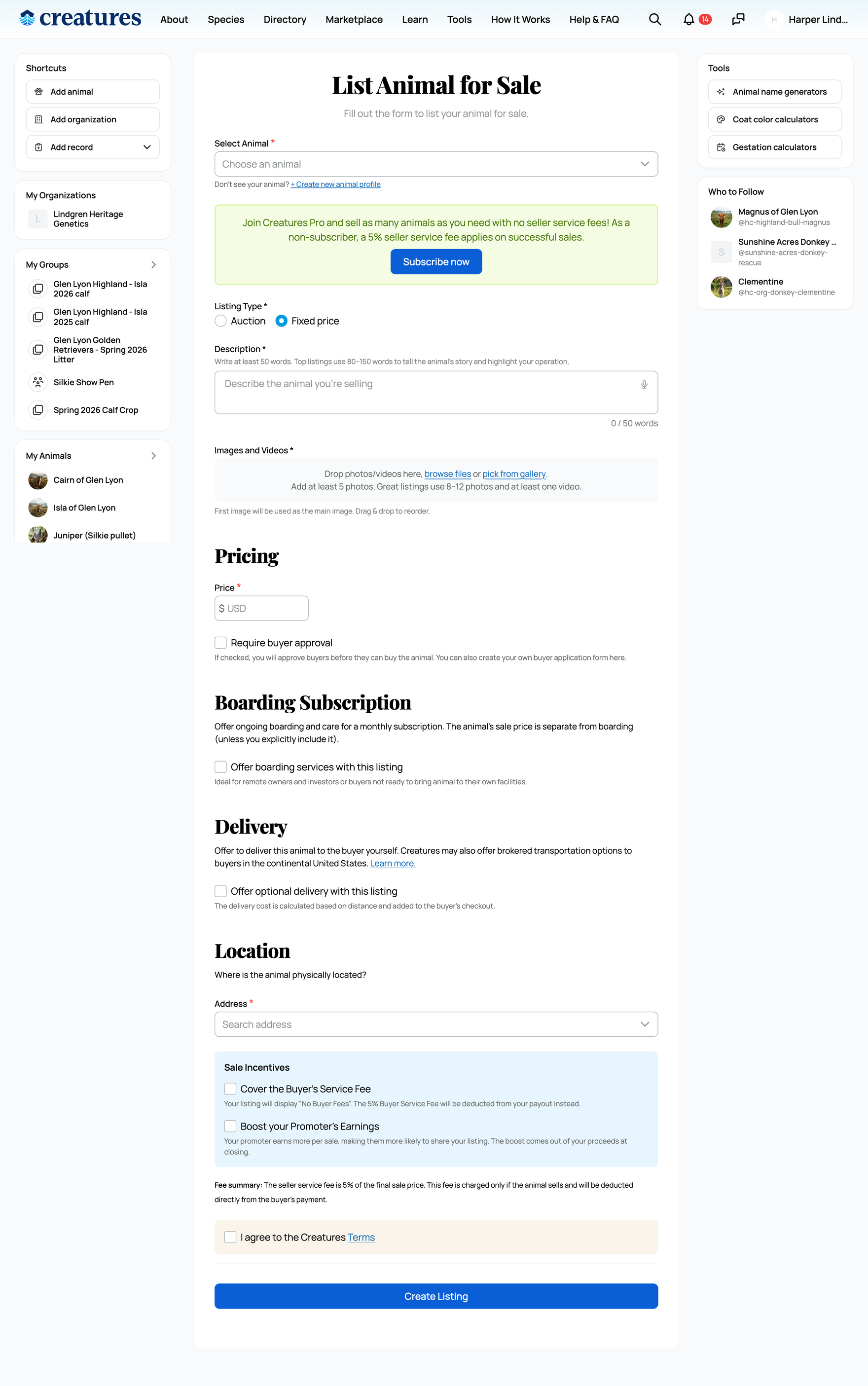 Creating a listing on Creatures
