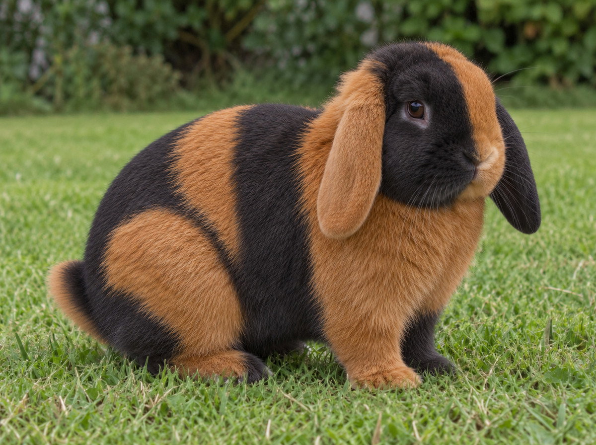 Harlequin Holland Lop on a plain domestic garden lawn.