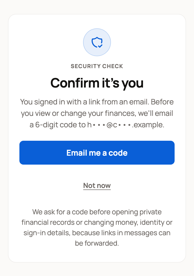 Confirm it's you page offering to email a 6-digit code before you view your finances