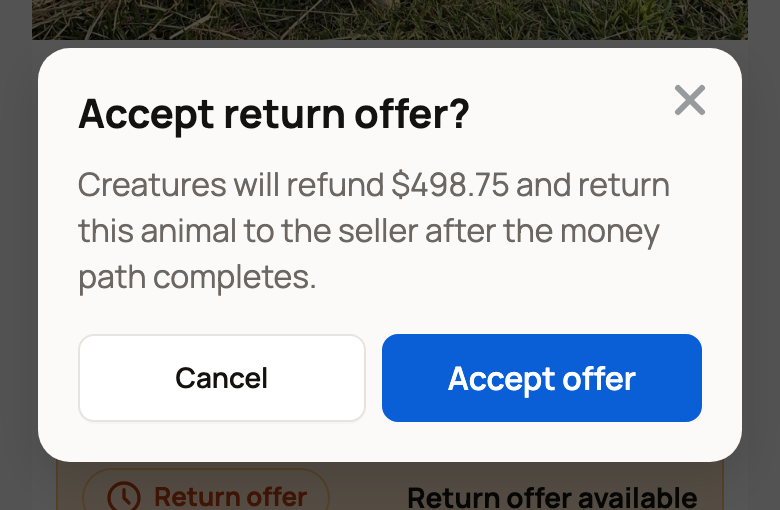 Accept return offer? asking you to confirm the $498.75 refund, with Cancel and Accept offer