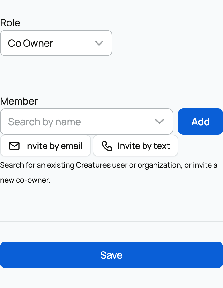Role and member search with Add, invitation options, and Save