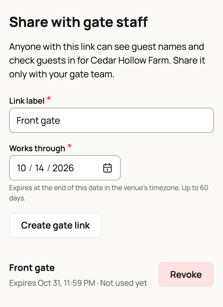 Share with gate staff form and a Front gate link that is not used yet, with Revoke