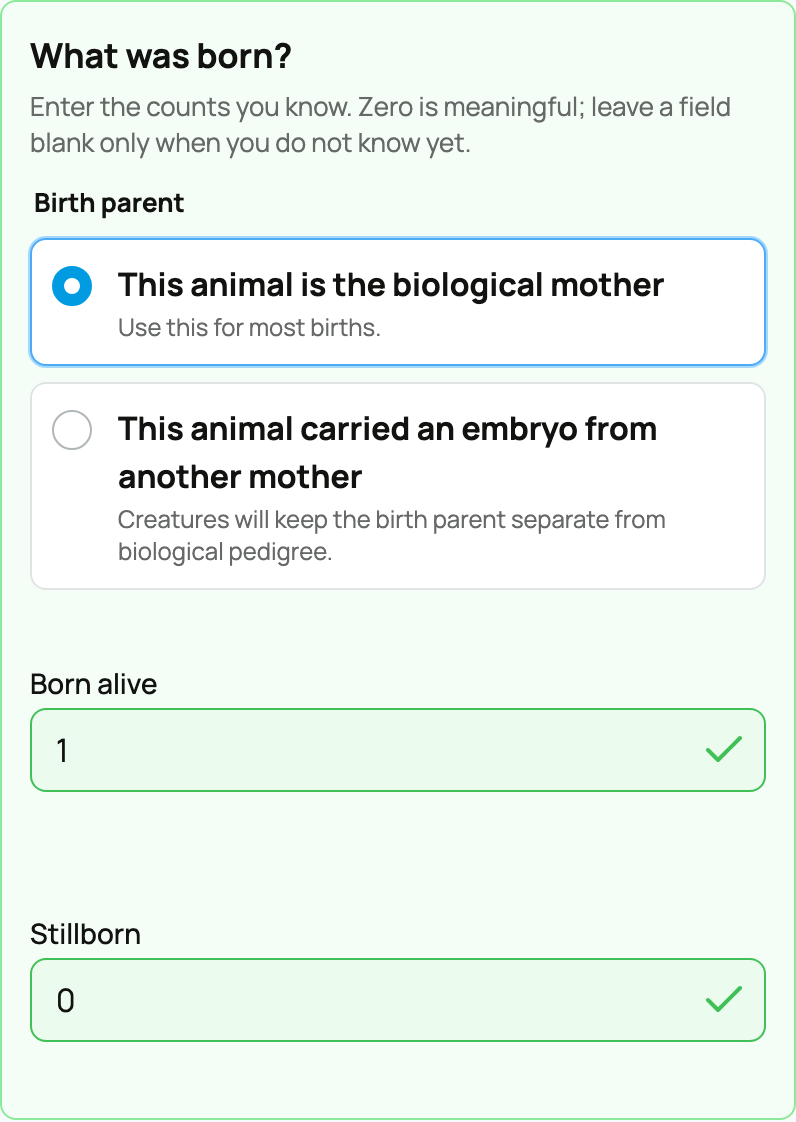 Enter the birth outcome and counts