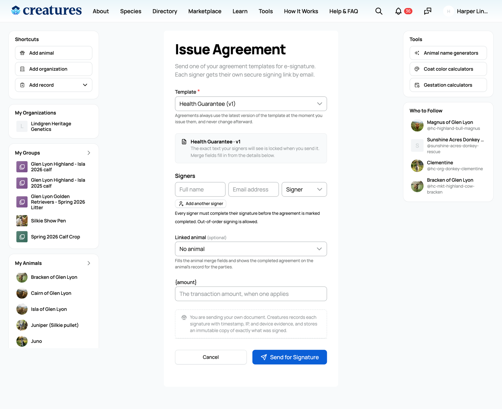 The issue form: template, signers, linked animal, and the amount field