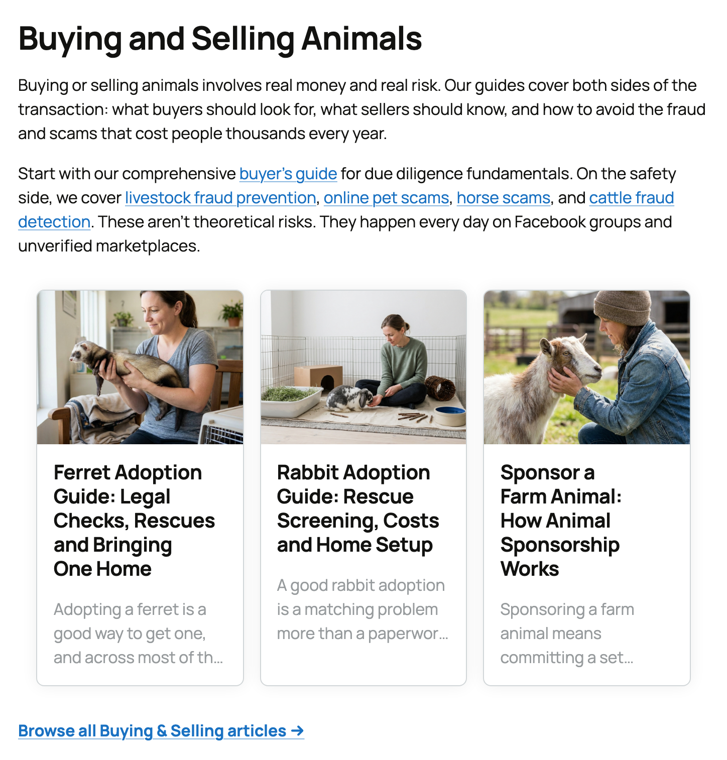 Buying and Selling section with guide links, recent article cards, and its Browse all link