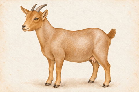 Illustration of a Nigerian Dwarf doe: gold coat with fine intermingled white hairs, golden face and lower legs.