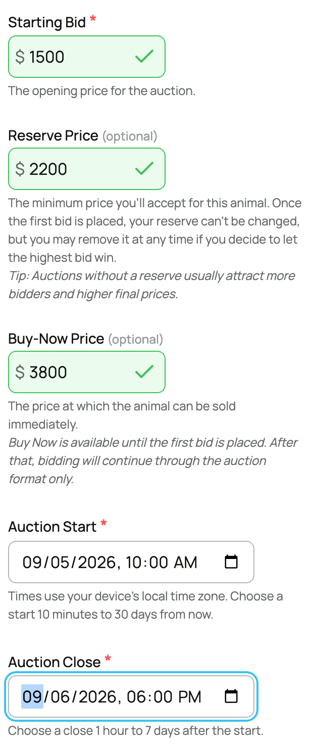 Auction pricing and start and close times