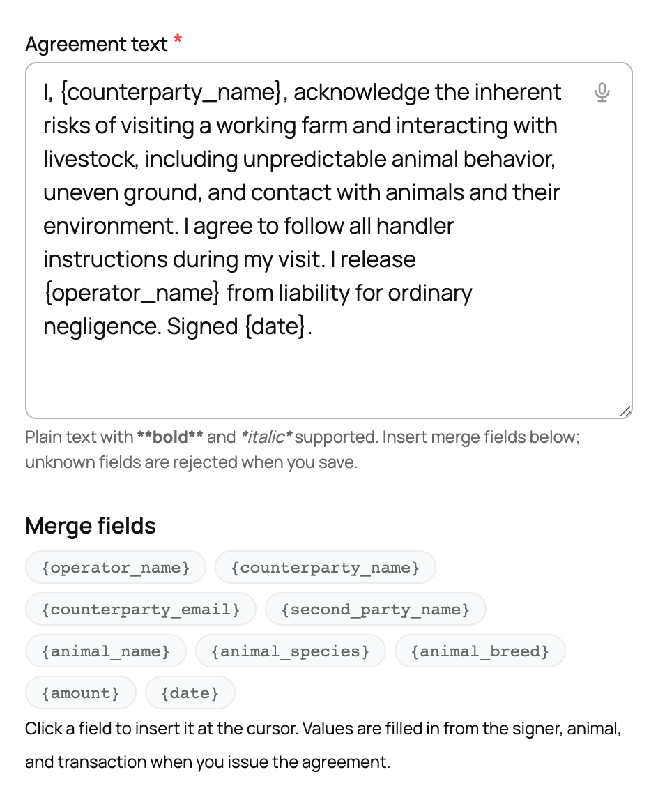 Agreement text and the available merge fields